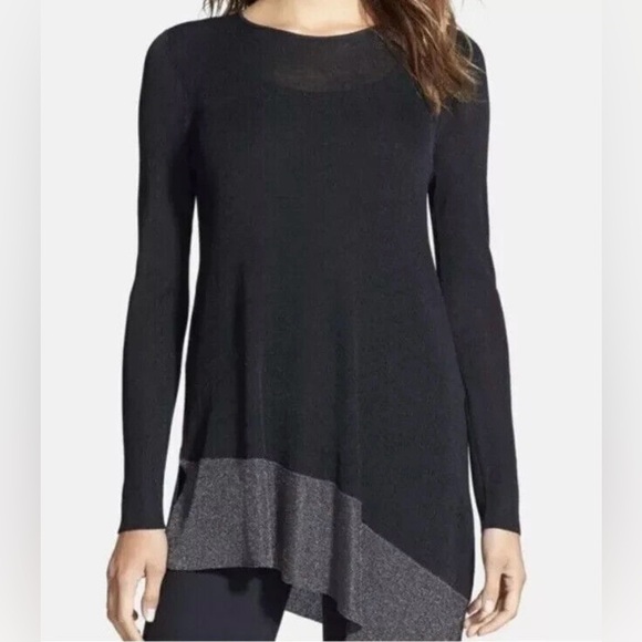 NEW 🖤 Eileen Fisher Black Tunic Top Knit Metallic Asymmetric Hem Medium Luxury - Picture 1 of 5